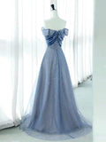 Niulatu A Line Off The Shoulder Blue Sequin Long Prom Dress Evening Dresses HZ1110