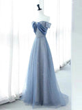 Niulatu A Line Off The Shoulder Blue Sequin Long Prom Dress Evening Dresses HZ1110