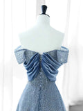 Niulatu A Line Off The Shoulder Blue Sequin Long Prom Dress Evening Dresses HZ1110