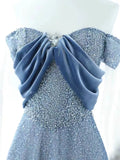 Niulatu A Line Off The Shoulder Blue Sequin Long Prom Dress Evening Dresses HZ1110