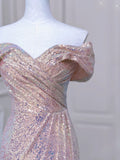 Niulatu Mermaid Off The Shoulder Pink Sequin Long Prom Dress Evening Dresses HZ1110