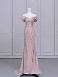 Niulatu Mermaid Off The Shoulder Pink Sequin Long Prom Dress Evening Dresses HZ1110