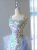 Niulatu Mermaid Square Neckline Blue Sequin Long Prom Dress Evening Dresses HZ1110