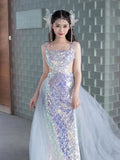 Niulatu Mermaid Square Neckline Blue Sequin Long Prom Dress Evening Dresses HZ1110