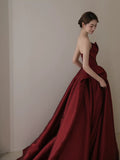 Niulatu Ball Gown Strapless Burgundy Satin Long Prom Dress Evening Dresses HZ1110