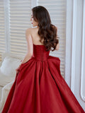 Niulatu Ball Gown Strapless Burgundy Satin Long Prom Dress Evening Dresses HZ1110