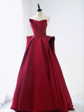 Niulatu Ball Gown Strapless Burgundy Satin Long Prom Dress Evening Dresses HZ1110