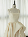 Niulatu High Low Straps Sleeveless Ivory Satin Wedding Dresses With Ruffles HZ1110