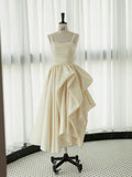 Niulatu High Low Straps Sleeveless Ivory Satin Wedding Dresses With Ruffles HZ1110