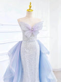 Niulatu Mermaid Strapless Neckline Blue Sequin Long Prom Dress Evening Dresses HZ1110