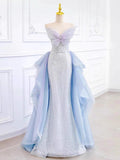 Niulatu Mermaid Strapless Neckline Blue Sequin Long Prom Dress Evening Dresses HZ1110
