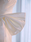 Niulatu High Low Spaghetti Straps Sleeveless White Satin Wedding Dresses With Ruffles HZ1110