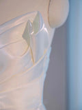 Niulatu High Low Spaghetti Straps Sleeveless White Satin Wedding Dresses With Ruffles HZ1110
