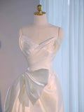 Niulatu High Low Spaghetti Straps Sleeveless White Satin Wedding Dresses With Ruffles HZ1110
