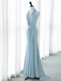 Niulatu Mermaid V Neckline Blue Backless Pearls Long Prom Dress Evening Dresses HZ1110