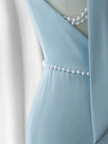 Niulatu Mermaid V Neckline Blue Backless Pearls Long Prom Dress Evening Dresses HZ1110