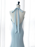 Niulatu Mermaid V Neckline Blue Backless Pearls Long Prom Dress Evening Dresses HZ1110
