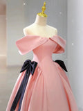 Niulatu Ball Gown Off The Shoulder Pink Satin Long Prom Dress Evening Dresses HZ1110