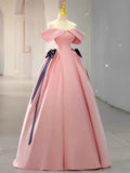 Niulatu Ball Gown Off The Shoulder Pink Satin Long Prom Dress Evening Dresses HZ1110