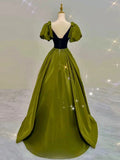 Niulatu Ball Gown V Neckline Olive Green Satin Long Prom Dress Evening Dresses HZ1110
