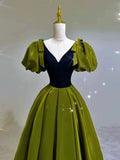 Niulatu Ball Gown V Neckline Olive Green Satin Long Prom Dress Evening Dresses HZ1110