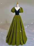Niulatu Ball Gown V Neckline Olive Green Satin Long Prom Dress Evening Dresses HZ1110