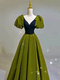 Niulatu Ball Gown V Neckline Olive Green Satin Long Prom Dress Evening Dresses HZ1110