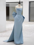 Niulatu Sheath Strapless Blue Satin Long Prom Dress Evening Dresses With Bow HZ1110