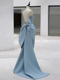 Niulatu Sheath Strapless Blue Satin Long Prom Dress Evening Dresses With Bow HZ1110