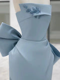 Niulatu Sheath Strapless Blue Satin Long Prom Dress Evening Dresses With Bow HZ1110