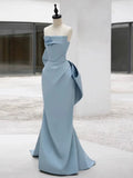 Niulatu Sheath Strapless Blue Satin Long Prom Dress Evening Dresses With Bow HZ1110