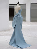 Niulatu Sheath Strapless Blue Satin Long Prom Dress Evening Dresses With Bow HZ1110