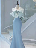 Niulatu Mermaid Strapless Blue Satin Long Prom Dress Evening Dresses With Bow HZ1110
