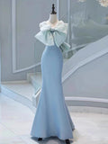 Niulatu Mermaid Satin Blue Long Prom Dresses With Bow-knot Party Dress HZ1110