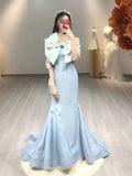 Niulatu Mermaid Strapless Blue Satin Long Prom Dress Evening Dresses With Bow HZ1110