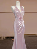 Niulatu Sheath V Neckline Pink Sequin Long Prom Dress Evening Dresses With Flowers HZ1110