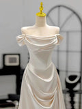 Niulatu Mermaid Strapless Short Sleeves White Satin Wedding Dresses With Ruffles HZ1110