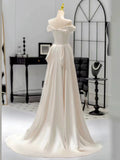 Niulatu Mermaid Strapless Short Sleeves White Satin Wedding Dresses With Ruffles HZ1110