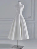 Niulatu A line Spaghetti Straps Tea Length White Satin Wedding Dresses With Lace HZ1110
