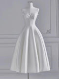 Niulatu A line Spaghetti Straps Tea Length White Satin Wedding Dresses With Lace HZ1110