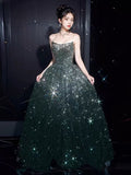 Niulatu A line Strapless Green Sequin Long Prom Dress Evening Dresses HZ1110