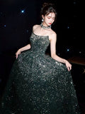 Niulatu A line Strapless Green Sequin Long Prom Dress Evening Dresses HZ1110