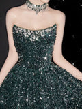Niulatu A line Strapless Green Sequin Long Prom Dress Evening Dresses HZ1110