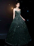 Niulatu A line Strapless Green Sequin Long Prom Dress Evening Dresses HZ1110