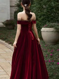 Niulatu A line Off The Shoulder Burgundy Velvet Long Prom Dress Evening Dresses HZ1110