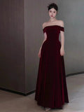 Niulatu A line Off The Shoulder Burgundy Velvet Long Prom Dress Evening Dresses HZ1110