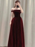 Niulatu A line Off The Shoulder Burgundy Velvet Long Prom Dress Evening Dresses HZ1110