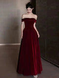 Niulatu A line Off The Shoulder Burgundy Velvet Long Prom Dress Evening Dresses HZ1110