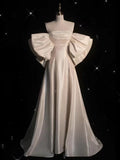 Niulatu A line Off The Shoulder Half Sleeves Satin Wedding Dresses With Ruffles HZ1110