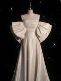 Niulatu A line Off The Shoulder Half Sleeves Satin Wedding Dresses With Ruffles HZ1110